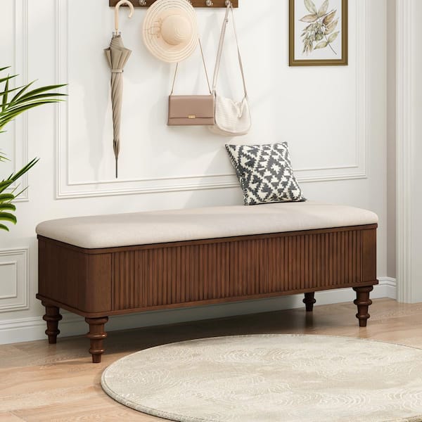 51 in. Walnut Entryway Bedroom Bench with Storage, Solid Rubberwood Frame, Soft-Close Lid and Linen Seat