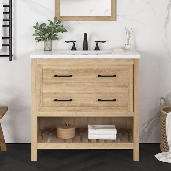 Autumn 36 in. Single Sink Weathered Tan Bath Vanity with White Engineered Stone Top (Assembled)