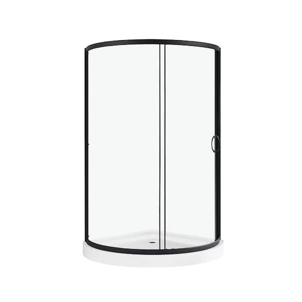 Breeze 36 in. L x 36 in. W x 76.97 in. H Corner Shower Kit with Clear Framed Sliding Door in Black and Shower Pan