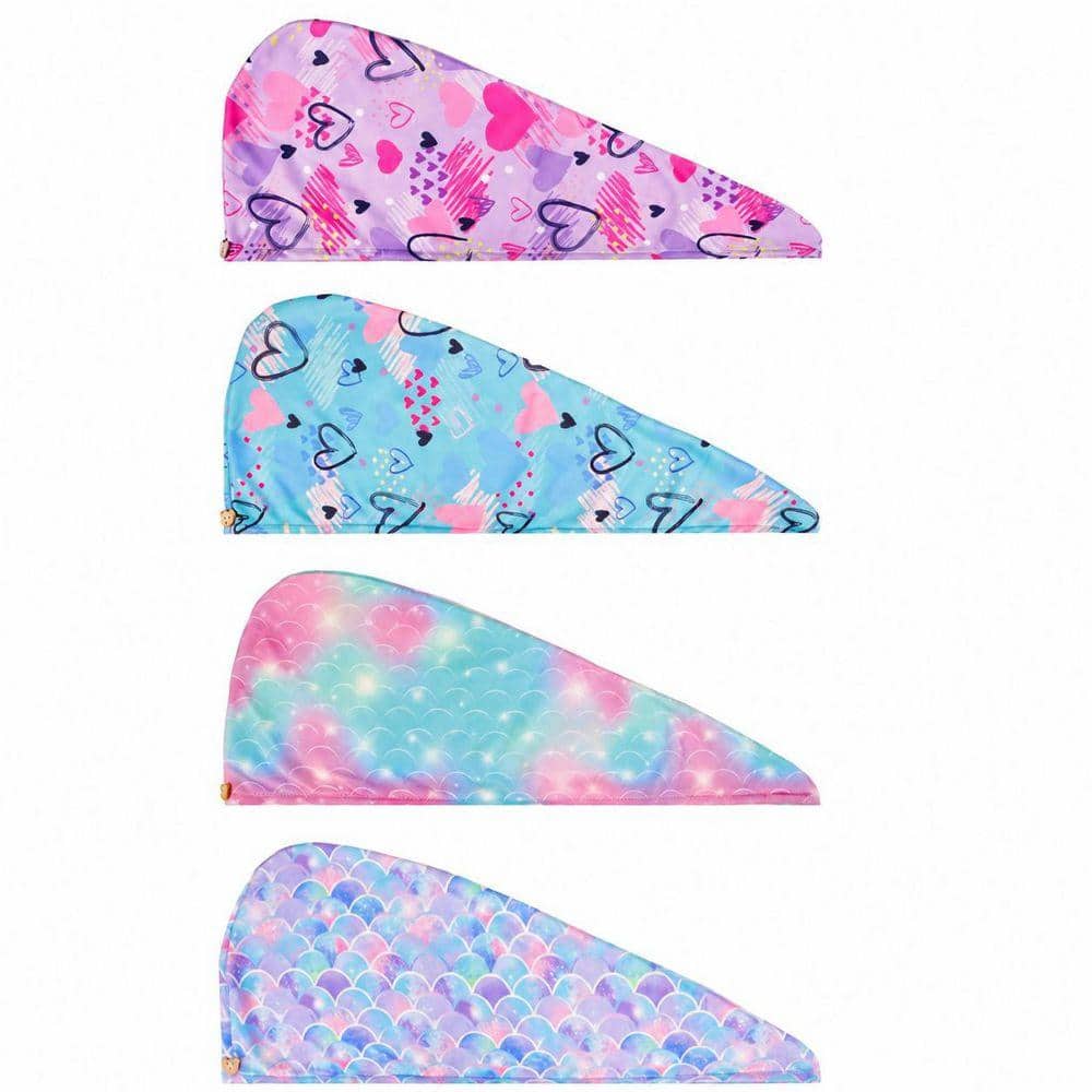 Pink Pattern Hair Towel Wrap 4 Pack Bath Accessory Super Absorbent Microfiber Fast Drying Turban for Wet Hair