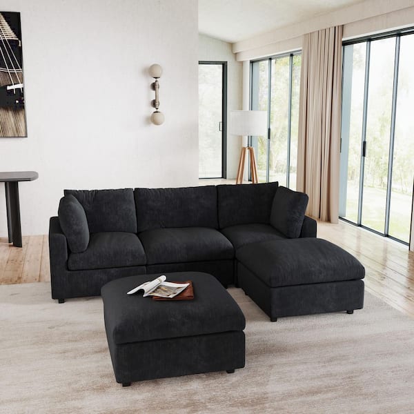 Magic Home Modern Deep Seater 101 in. Square Arm Chenille Modular U-Shaped Sofa with Ottoman, Detachable Covers for Office in Black