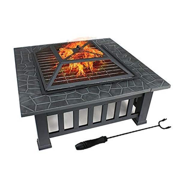 FORCLOVER 32 in. W x 12.4 in. H Black Outdoor Square Metal Wood Burning Fire Pit Table
