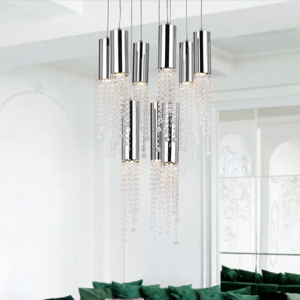 Extended 9-Light Chrome and Crystal Multi Pendant Chandelier
