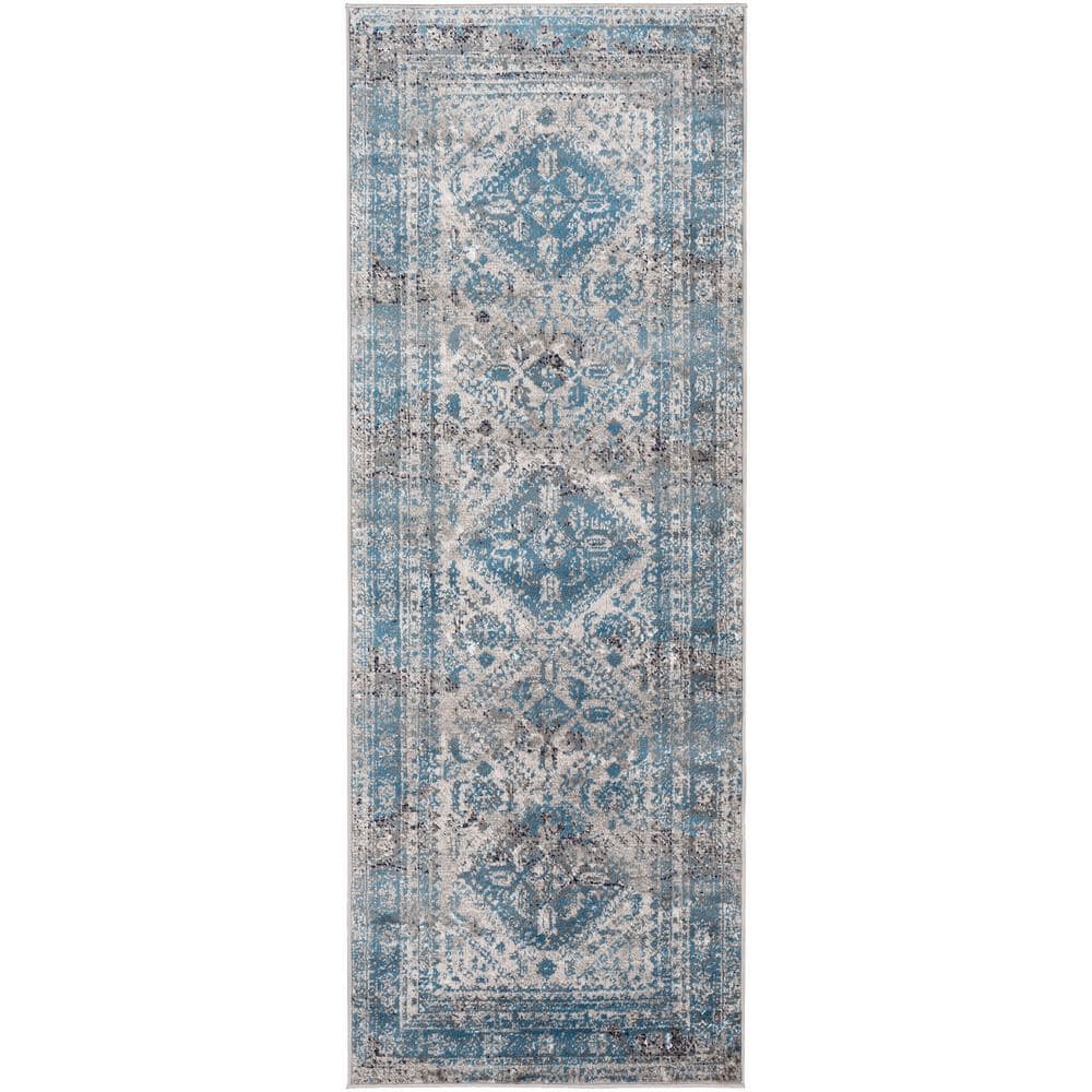 Livabliss Blue and Grey Vintage Medallion Runner Rug, 2'7" x 7'3"
