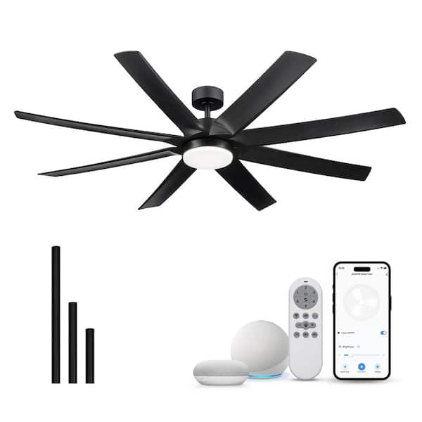 JAZAVA 70 in. Smart Indoor Black Low Profile Standard Ceiling Fan with Bright White Integrated LED
