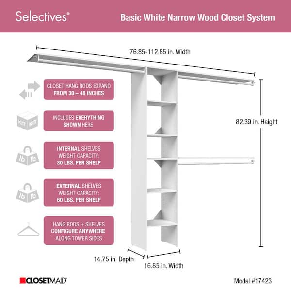 ClosetMaid Selectives 76.85 in. W x 112.85 W White Basic Narrow Wood Closet System Kit with Top Shelves