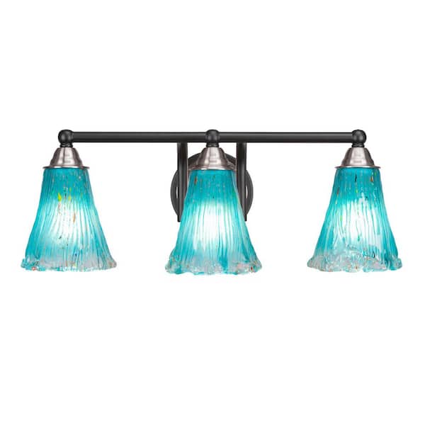 Unbranded Madison 7.25 in. 3-Light Bath Bar, Matte Black and Brushed Nickel, Fluted Teal Crystal Glass Vanity Light