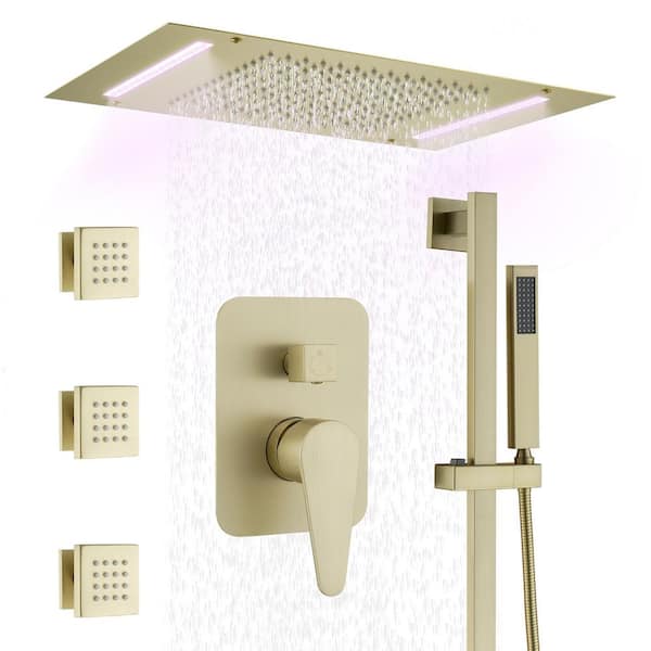 LED Rain Shower System, 2-Handle 3-Spray Shower Faucet and Handheld Shower 2.5 GPM with Pressure Balance in Brushed Gold