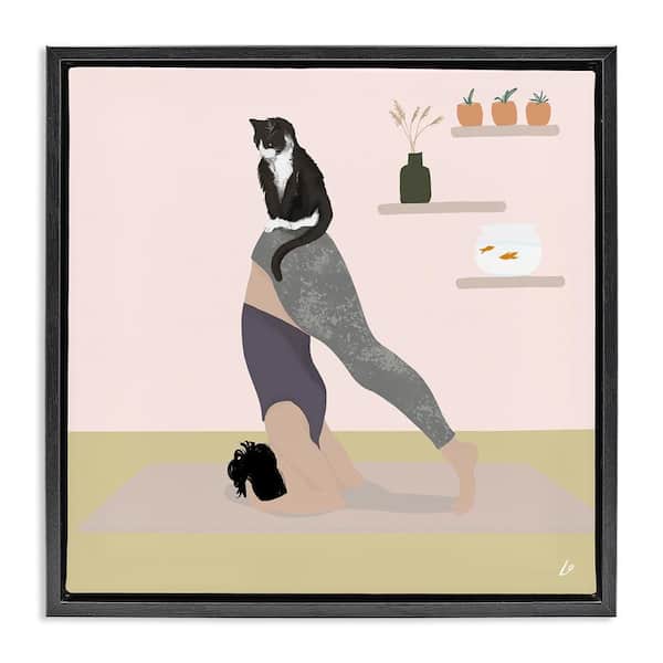 Stupell Industries Downward Cat Yoga Pose by Lydia Orange Black Floater Frame People Graphic Art Print 18 in. x 18 in.