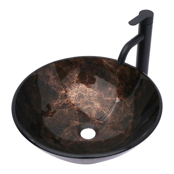 16.54 in. W x 16.54 in. D Above Countertop Round Black Bathroom Glass Vessel Sink with Black Faucet and Drainer