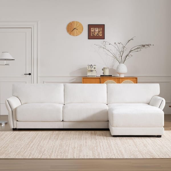 110 in. Extra-Wide Chenille L-Shape Modular Sectional Sofa in White with USB and Type-C Charger Free Movement Ottoman