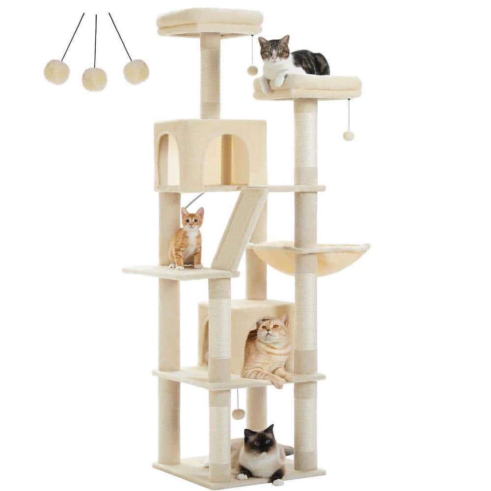 Beige Multi-Level Cat Tower with Sisal Scratching Posts