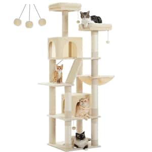 70.9 in. Beige Large Multi-Level Cat Tower Tree with Scratching Post with 2 Perches, 2 Condos, Hammock and 2 Pompoms