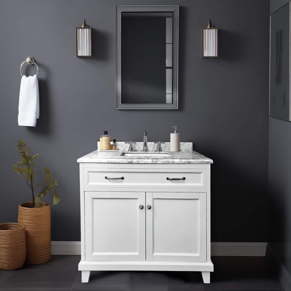 36" White Solid Wood Bathroom Vanity with Carrara Marble Top