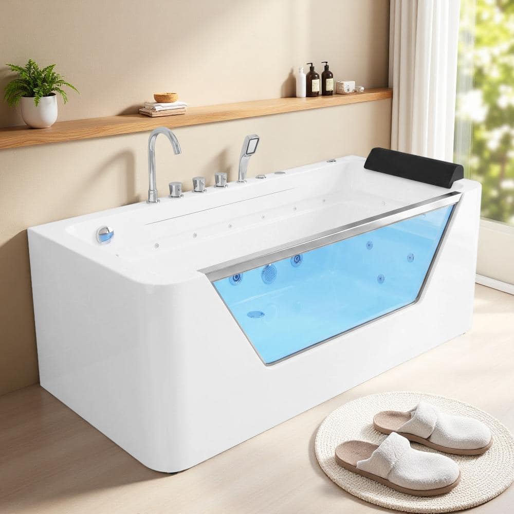 67 Inch Acrylic Whirlpool Bathtub, White Jetted Hydrotherapy Tub, 7 Jets, LED Chromatherapy, 3-Side Apron, Glass Panel price history on PriceWatchPro