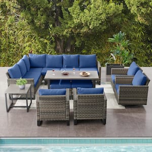 Valenta Gray 10-Piece Wicker Patio Conversation Set with Blue Cushions