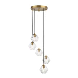 16 in. W x 6.75 in. H 5-Light Natural Brass Chandelier with Hexagon-Shaped Clear Glass Shades