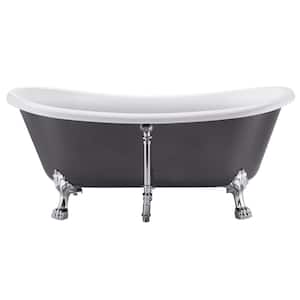 67 in. Acrylic Freestanding Oval Bathtub, Double Clawfoot Soaking Tub, white inside and gray outside