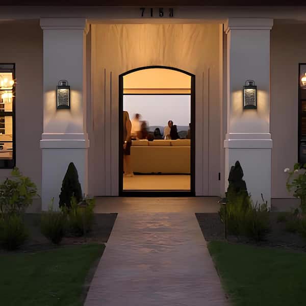 13 in. Black Motion Sensing Dusk to Dawn LED Outdoor Hardwired Wall Lantern Sconce with Bubbled Water Glass (2-Pack)