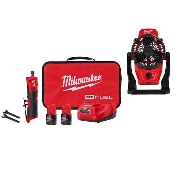M12 FUEL 12V Lithium-Ion Brushless Cordless 1/4 in. Straight Die Grinder Kit with Two 2.0 Ah Batteries and Fan