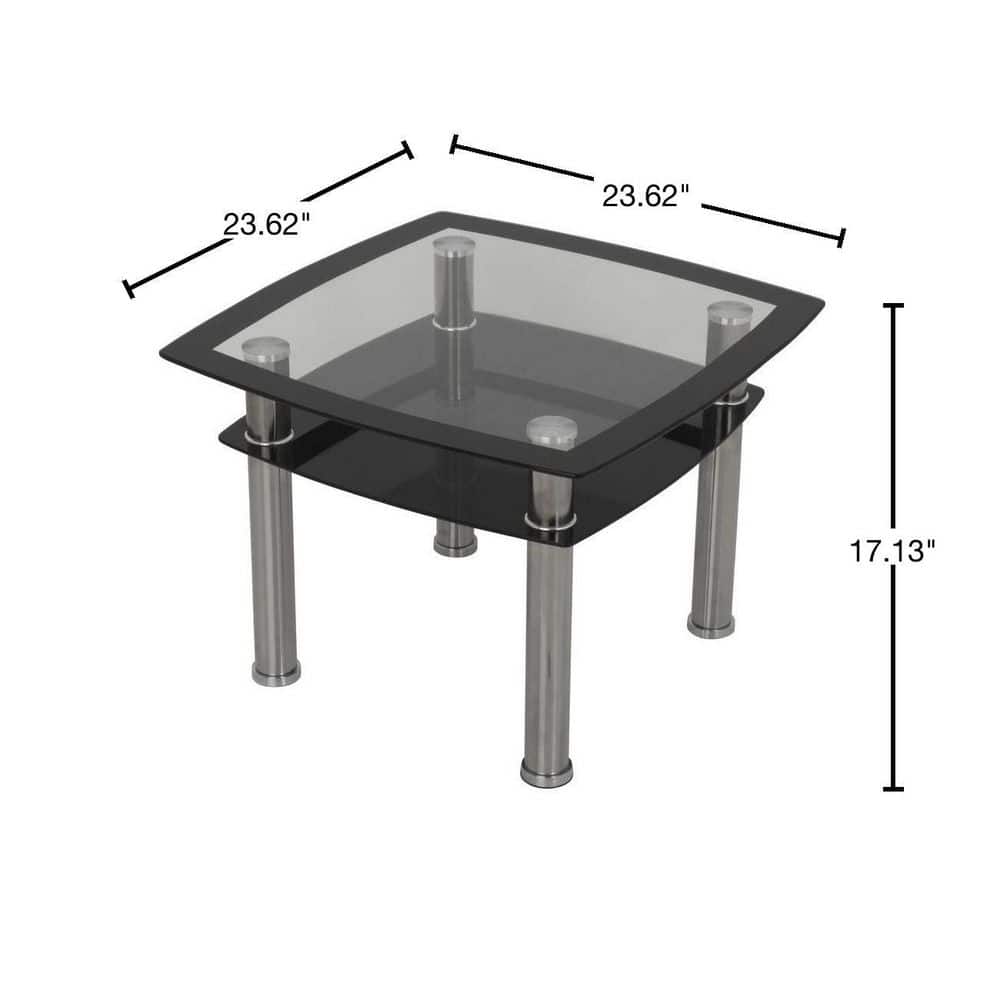 Modern Chrome Square End Table with Black Glass Shelf