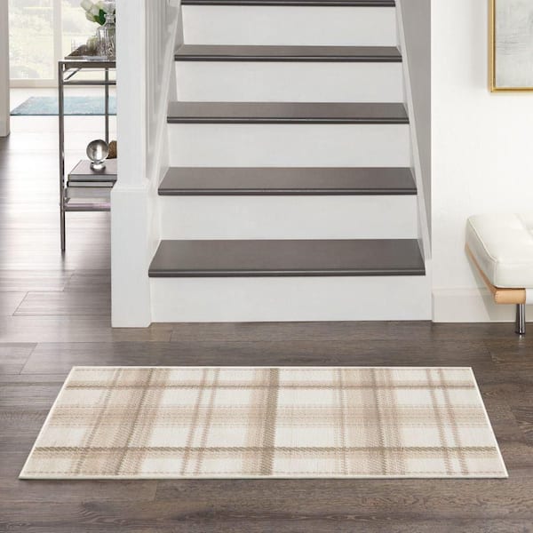 Grafix Ivory Beige doormat 2 ft. x 4 ft. Plaid Contemporary Area Rug