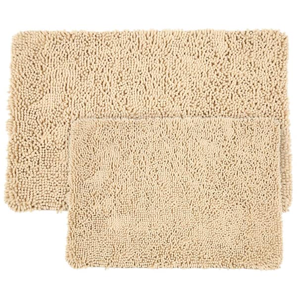 2-Piece Beige Memory Foam Shag Bath Mat Set