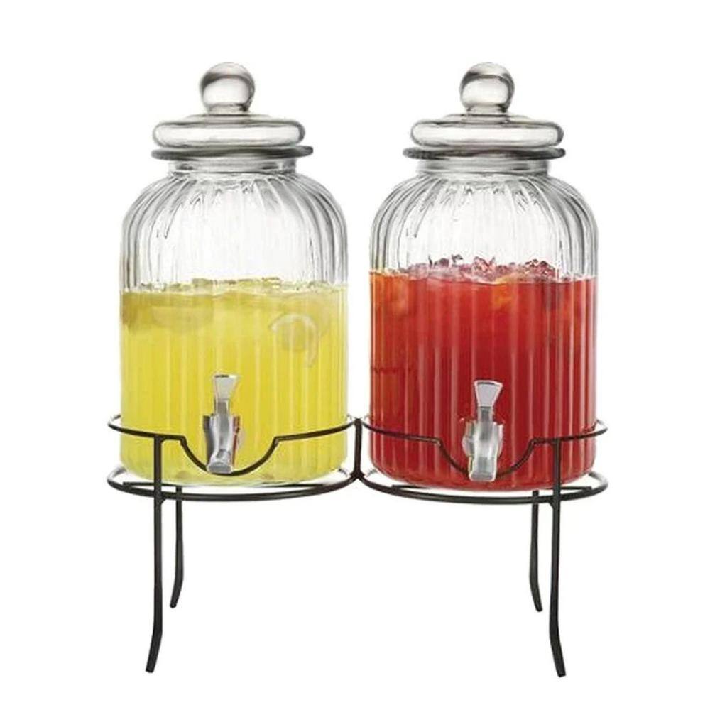 Clear Ribbed Glass Beverage Dispenser Set with Metal Stand