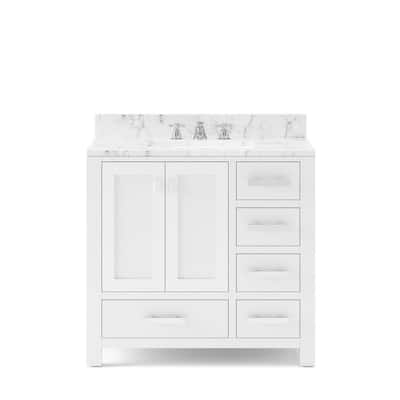 Madison 36 in. W x 34 in. H Vanity in White with Marble Vanity Top in Carrara White with White Basin