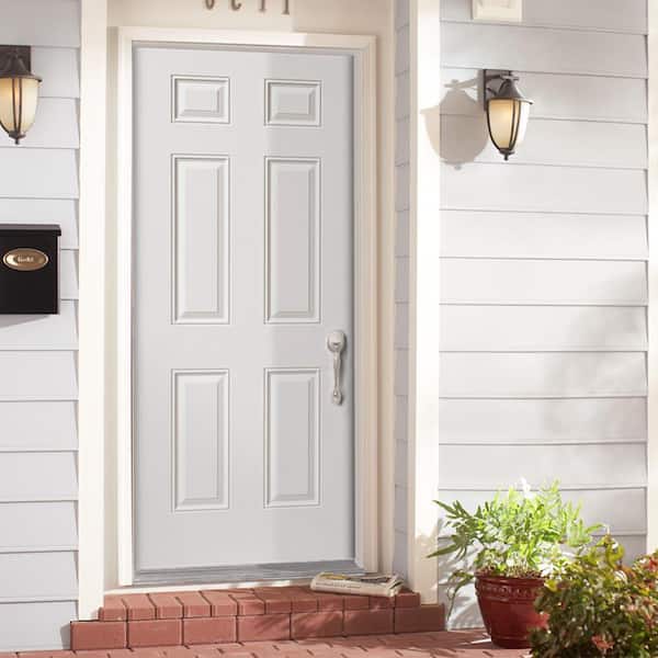 Utility 6-Panel Primed Steel Prehung Front Door with Brickmold