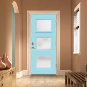 36 in. x 80 in. Left-Hand Craftsman Satin Etched Decorative Glass Blue Paint Fiberglass Prehung Front Door w/Brickmould