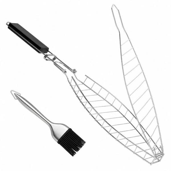 Fish Grill Basket, Heavy Duty Stainless Steel Grilling Pan with Removable Wooden Handle and Bonus Basting Brush