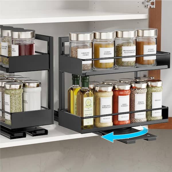 2 Pack Black Pull Out Adjustable Vertical Mount Spice Rack Organizer for Upper Cabinet Kitchen Pantry Easy Access