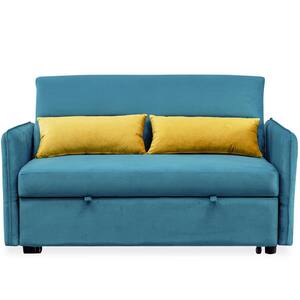 57 in. W Blue Modern Velvet Twin Size Sofa Bed with 2 Pillows and 2 Big Side Pocket