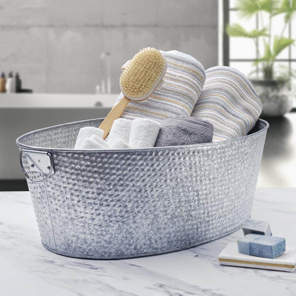Large Gray Galvanized Hammered Oval Beverage Tub with Handles
