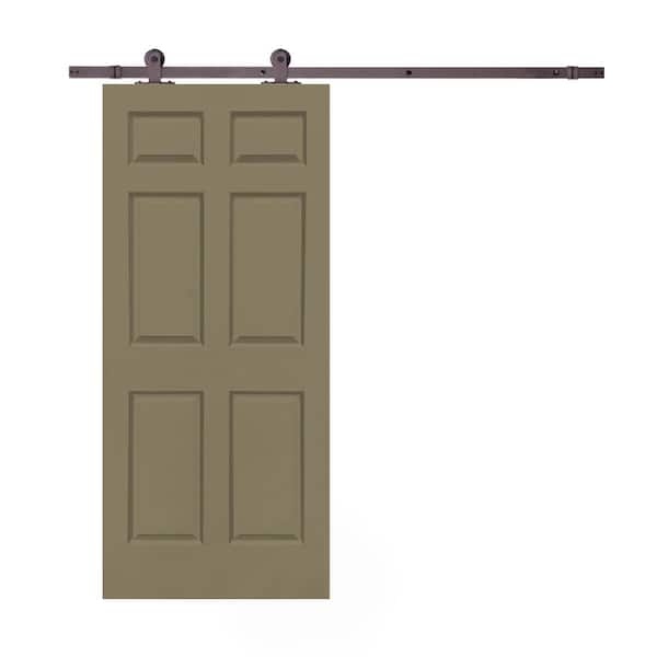 CALHOME 30 in. x 80 in. Olive Green Stained Composite MDF 6-Panel Interior Sliding Barn Door with Hardware Kit