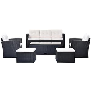 6-piece Black Wicker Outdoor Conversation Sectional Set with Beige Removable Cushions, Coffee Table, Sofas, Ottomans