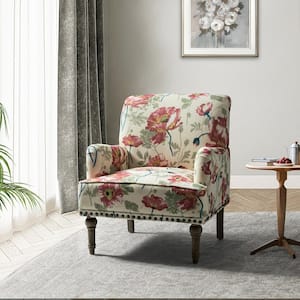 Latina Red Floral Patterns Armchair with Nailhead Trim and Turned Solid Wood Legs