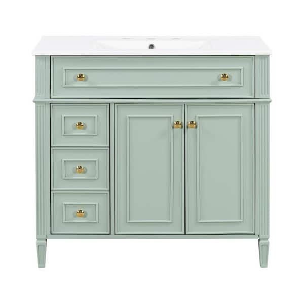 36 in. Freestanding Green Bath Vanity with White Ceramic Top 3 Drawers and 2 Soft-Close Doors