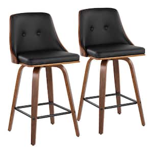Gianna 36.5 Counter Height Bar Stool in Black Faux Leather and Walnut Wood (Set of 2)