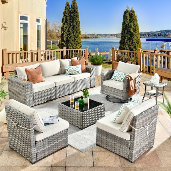 HOOOWOOO Crater Grey 8-Piece Wicker Wide-Plus Arm Patio Conversation Sofa Set with a Swivel Rocking Chair and Beige Cushions