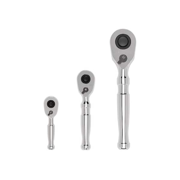 1/4, 3/8, 1/2 Inch Drive (3, 4-1/2, 6 in.) Quick-Release Stubby Ratchet Set (3-Piece)
