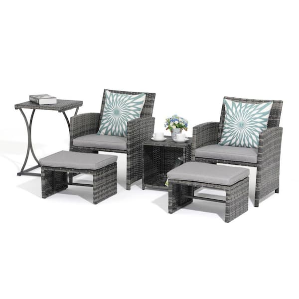 6-Piece Wicker Grey Patio Conversation Set with Ottomans and Side Table, Light Grey Cushions
