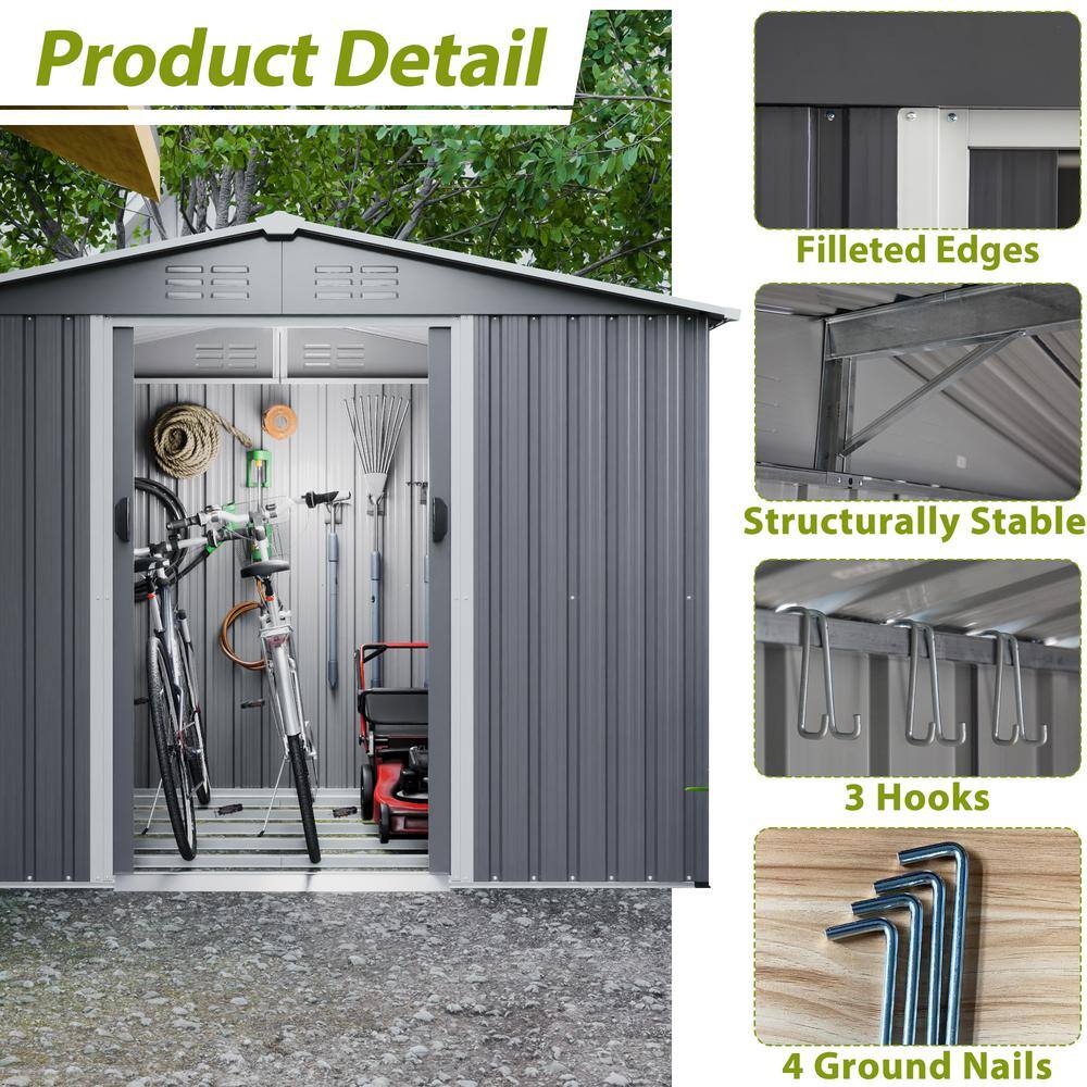 8x6 ft Gray Metal Outdoor Storage Shed with Double Doors