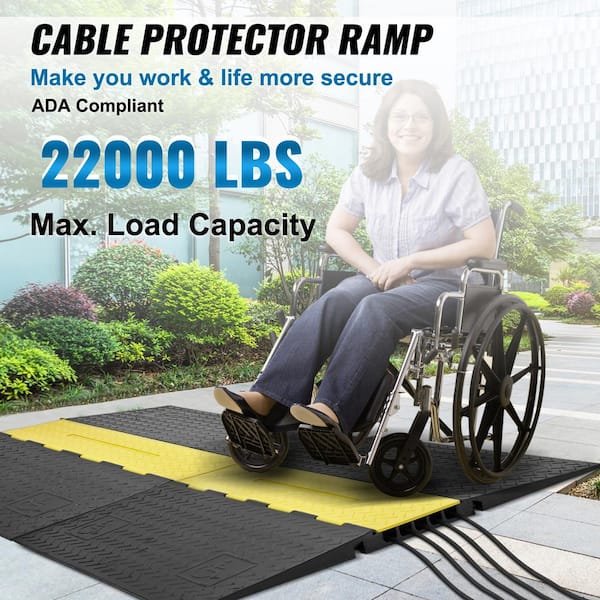 Durable 5-Channel Rubber Cable Guard, 0 in. x 3.8 ft., Black/Yellow, 22000 lbs. Load Capacity Conduit