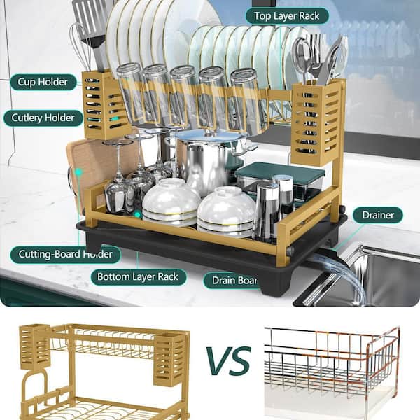Wudkey 2-Tier Gold Dish Rack, Large Dish Drying Rack with