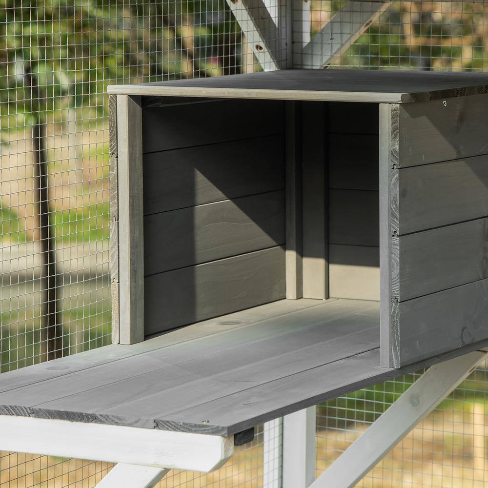 Large White and Gray Wooden Outdoor Cat House with Wheels