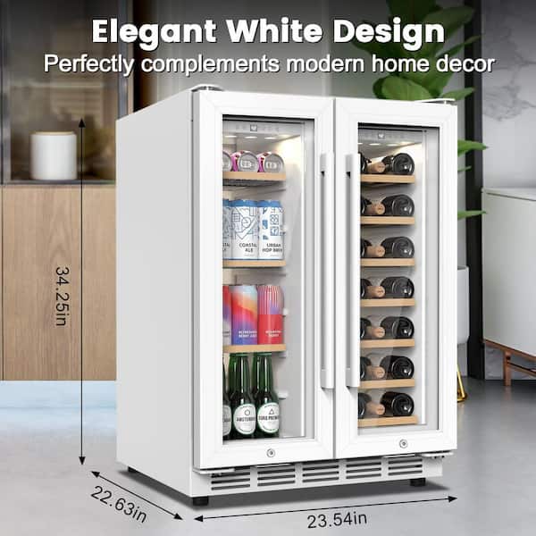 23.54 in. Dual Zone Built-In/Freestanding Beverage Cooler with Lock Glass Door and LED Light in White