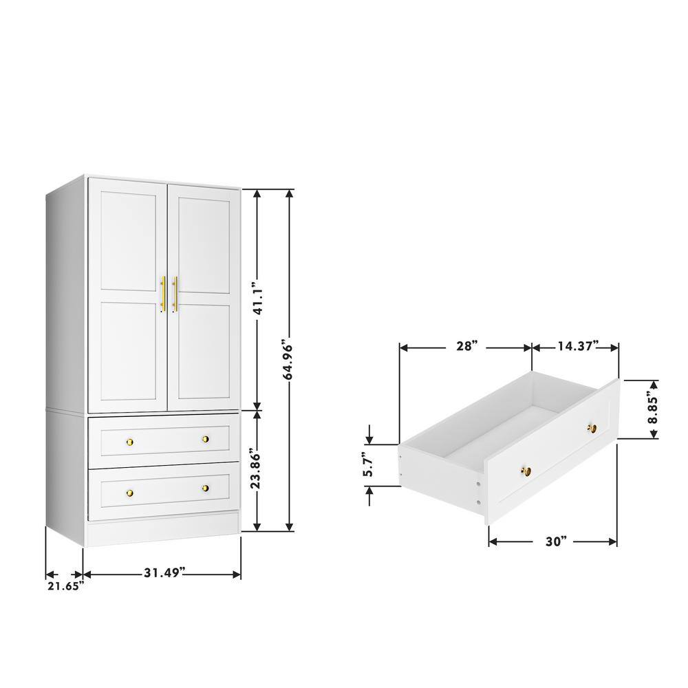 White Shaker Style Two-Door Armoire with Gold Handles