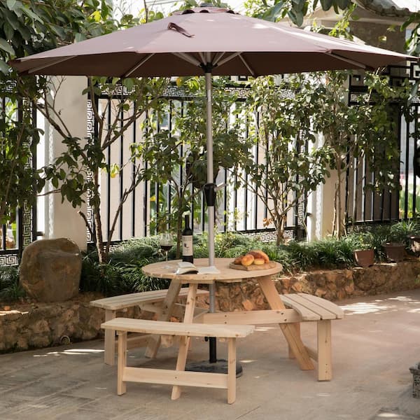 Round Wooden Outdoor Picnic Table, Wooden Outdoor Table With Umbrella Hole